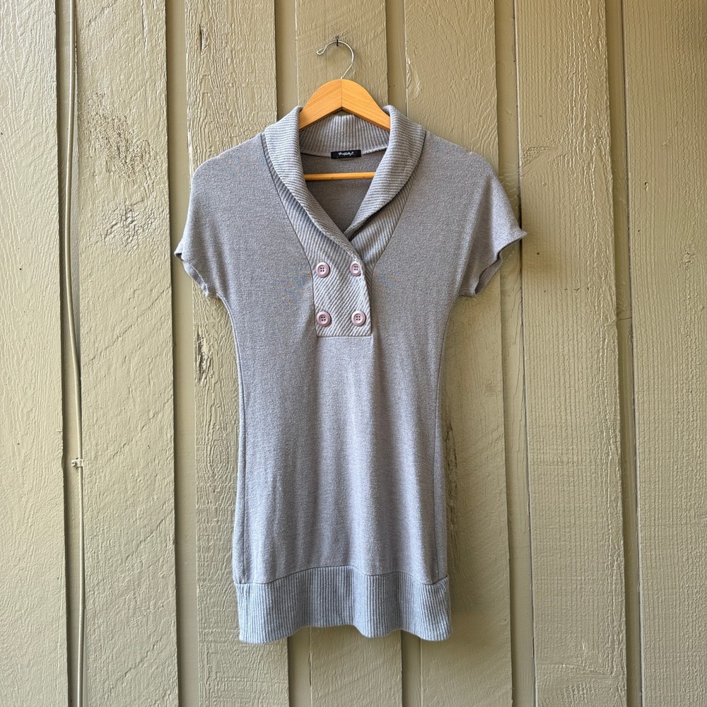 Rhapsody Shawl Collar Sweater Tunic Womens Y2K Short Sleeve Gray Vintage